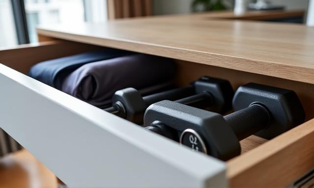 Elegant living room with a discreet, large pull-out drawer under a minimalist console table, revealing neatly stored weights and yoga mats