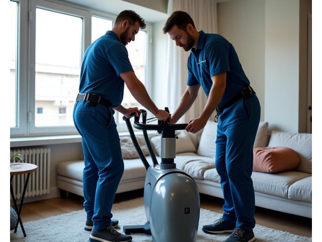 Technicians precisely installing gym equipment in a tidy, modern apartment space during a home gym setup.